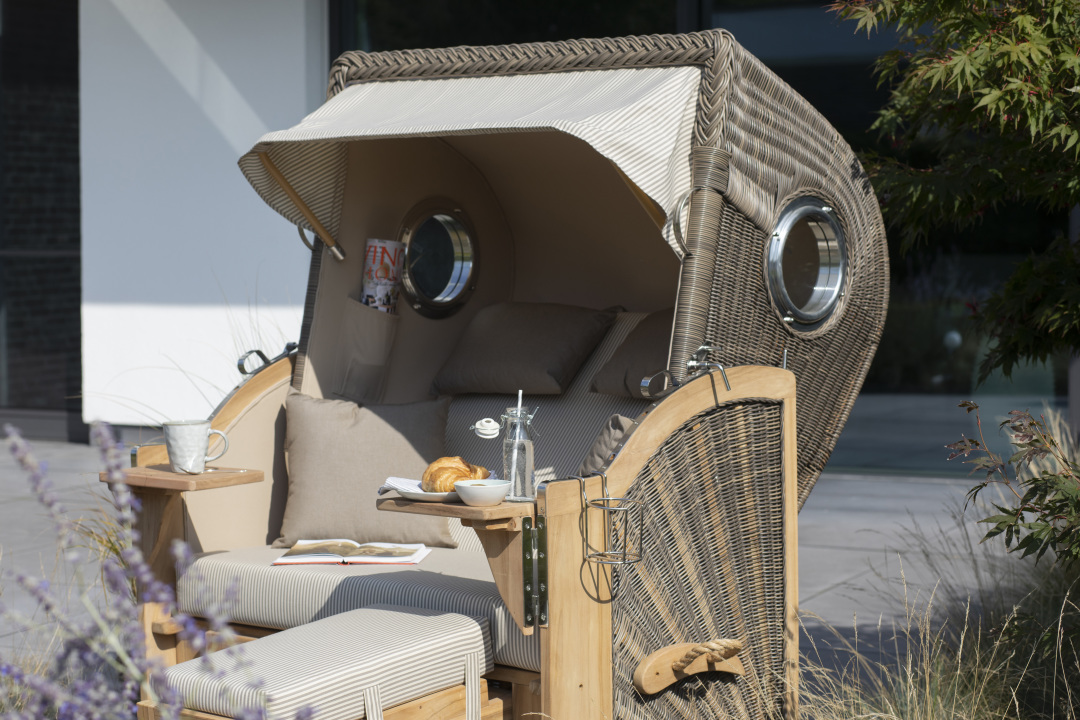 Strandkorb Rantum Teak PE grey Dessin Skyline Ostfriesland Grau